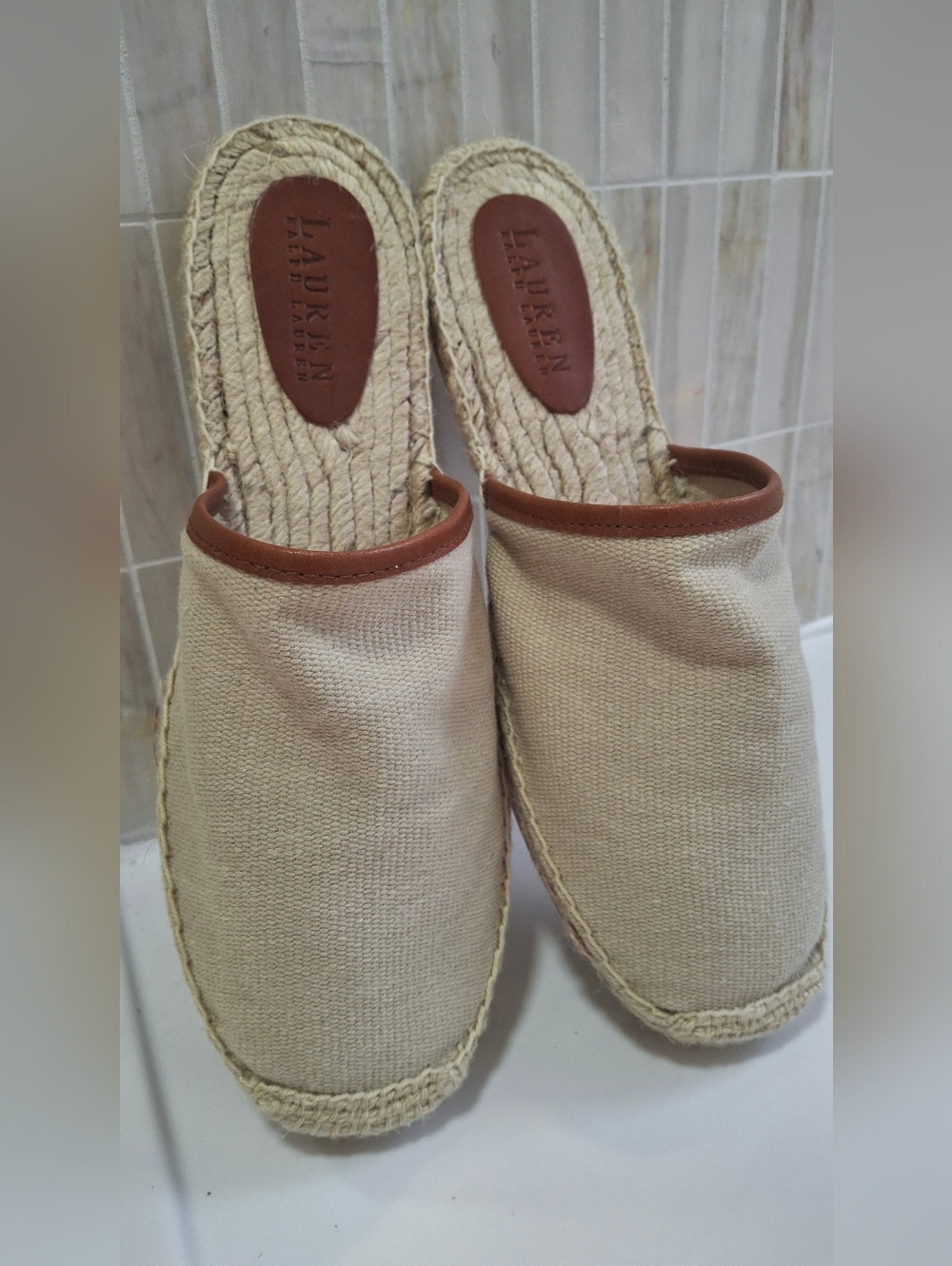 Ralph Lauren Beige Canvas Espadrille Slide with Brown Leather Insole